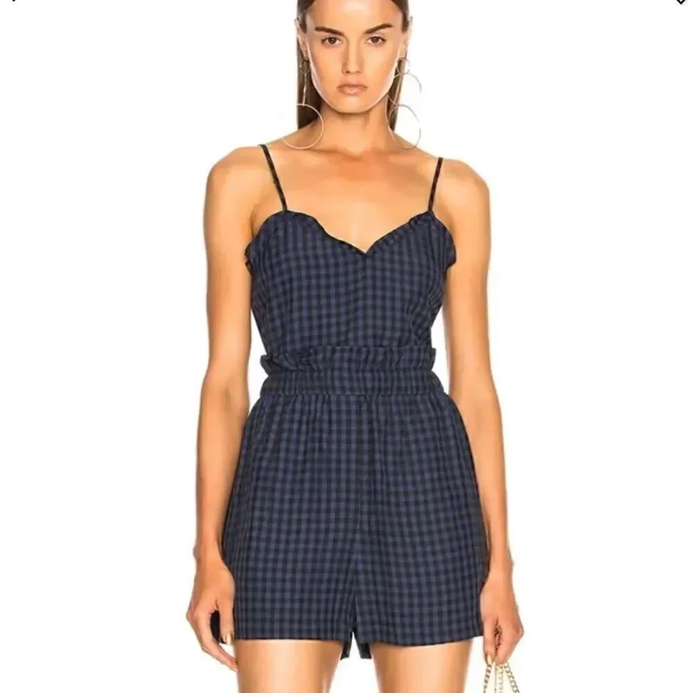 Tibi Viscose Gingham Paperbag Ruffle Cami